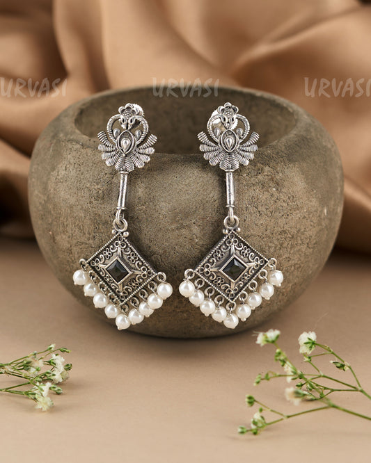 Oxidised Silver Floral accents Peacock Motif Earrings ER 224