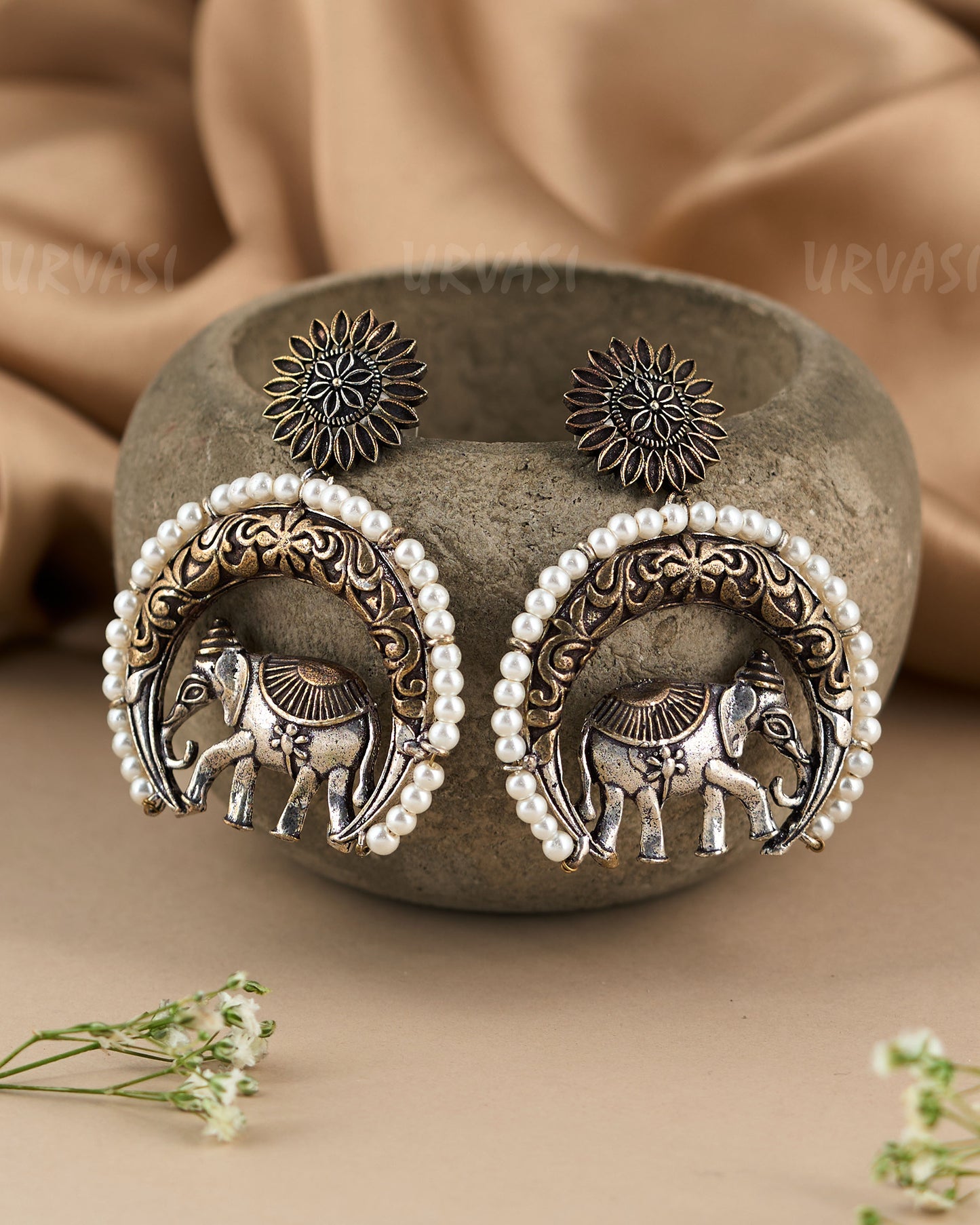 Oxidised Silver Classic Chaandbali Elephant Pearl Accent Earrings ER 113