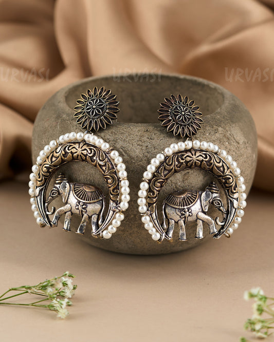 Oxidised Silver Classic Chaandbali Elephant Pearl Accent Earrings ER 113