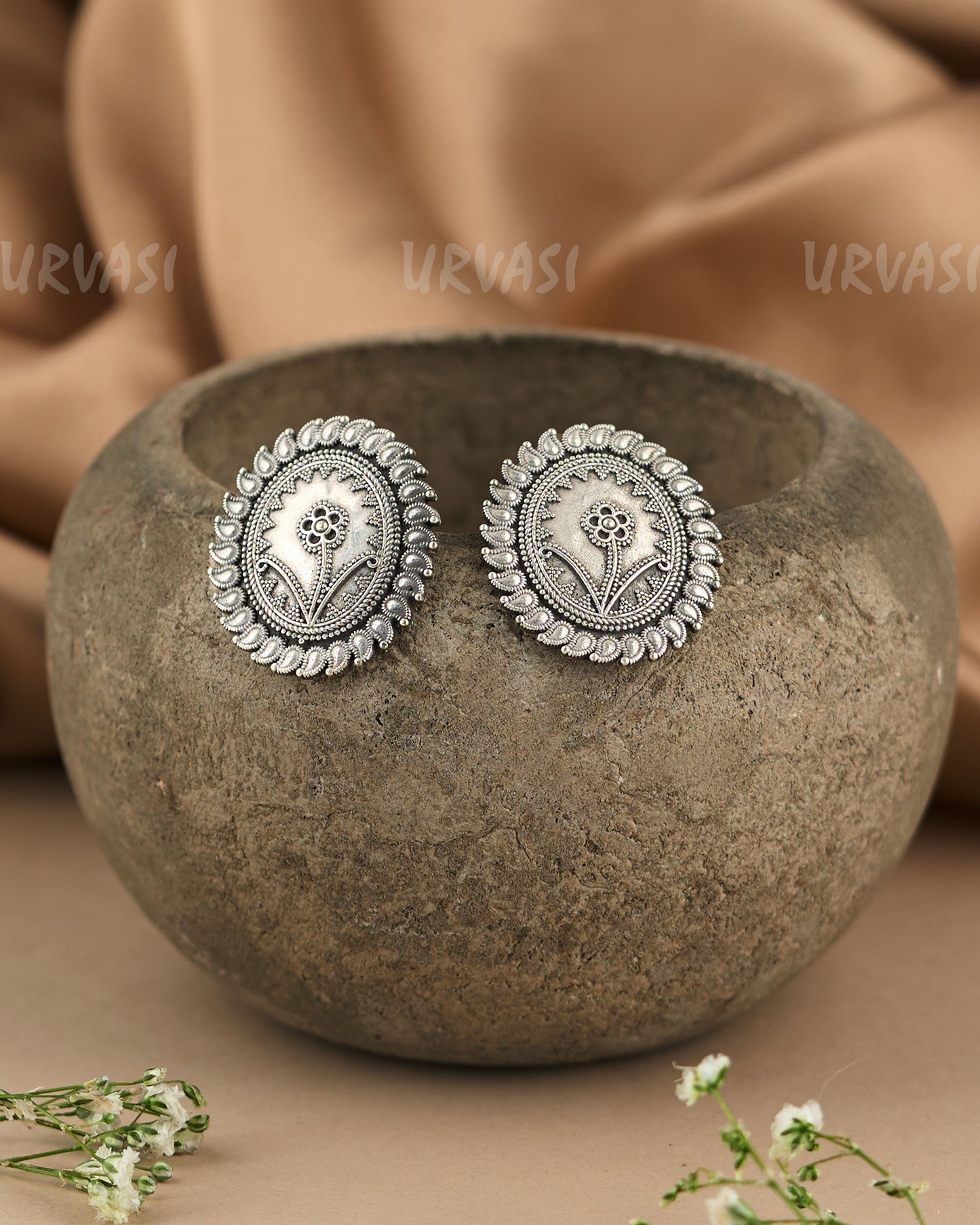 Oxidised Silver Ethnic Floral Deities Earrings ER 253