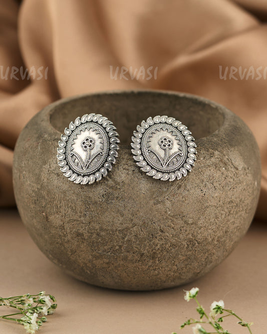 Oxidised Silver Ethnic Floral Deities Earrings ER 253