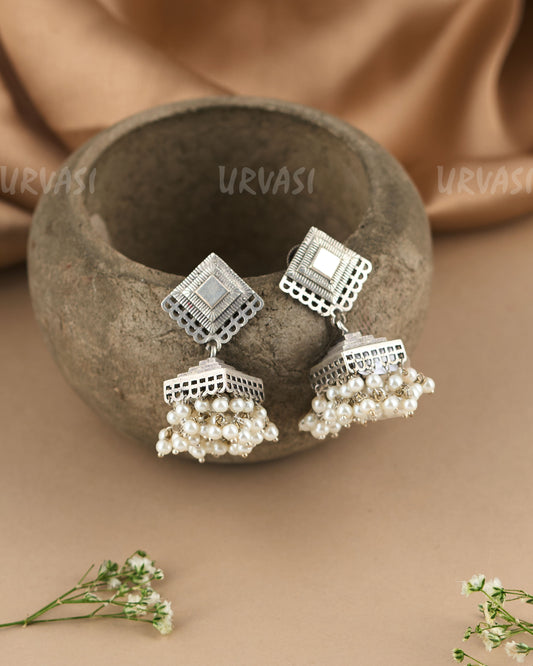 Oxidised Silver Ethnic Pearl Jhumka Earrings ER 485