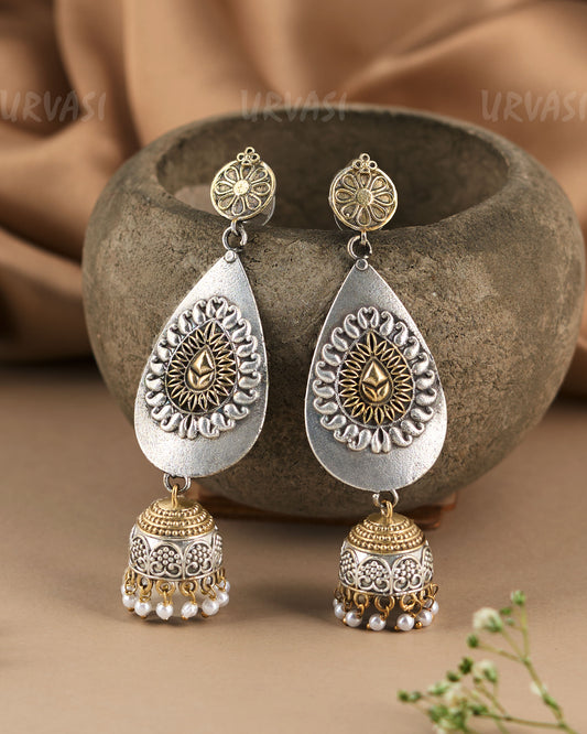 Dual-Tone Dangled Floral Motifs Jhumka Earrings ER 484