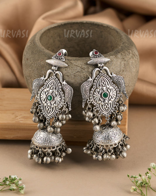 Oxidised Silver Peacock Motifs Ghungroo Beaded Earrings ER 366