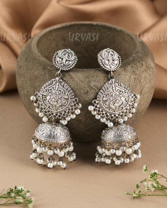 Oxidised Silver Ethnic Pearl Beaded Jhumka Earrings ER 148