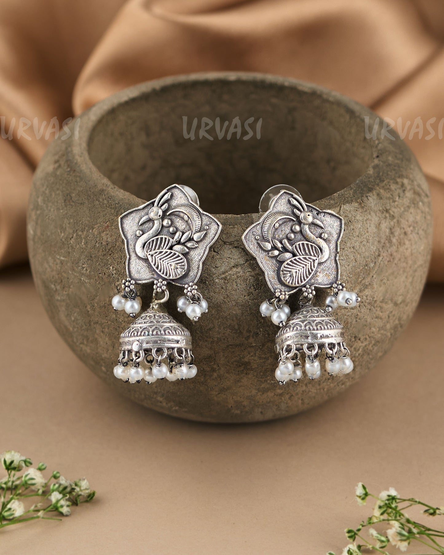 Oxidised Silver Peacock Motif Pearl Jhumka Earrings ER 70