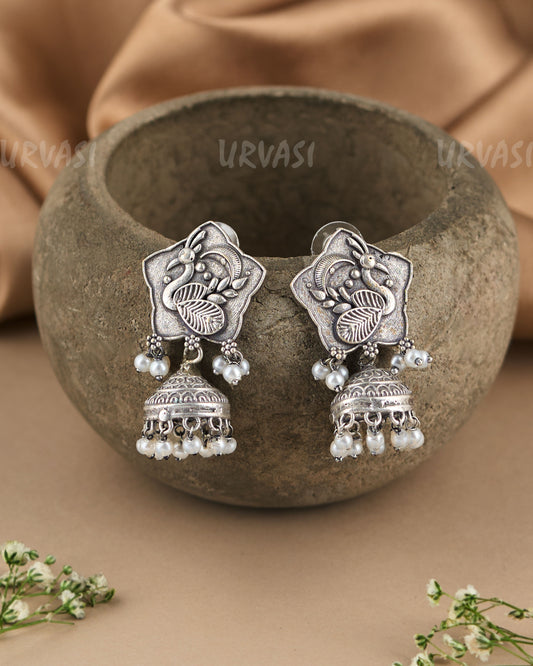 Oxidised Silver Peacock Motif Pearl Jhumka Earrings ER 70