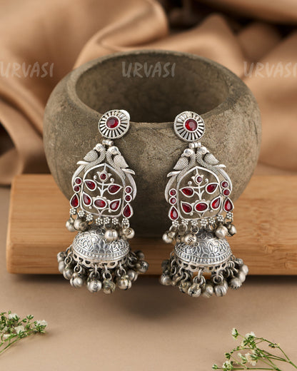 Oxidised Silver Jaali Peacock Motifs Dangling Ghungroo Earrings  ER 162