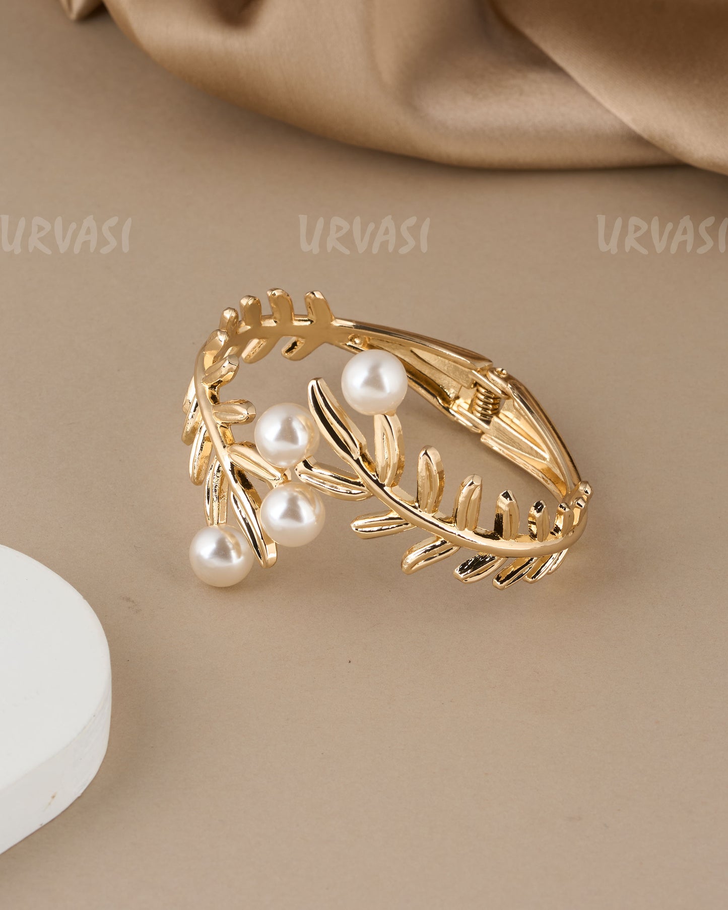 Gold-Toned Leaf Designed Statement Cuff Bangles BA 403