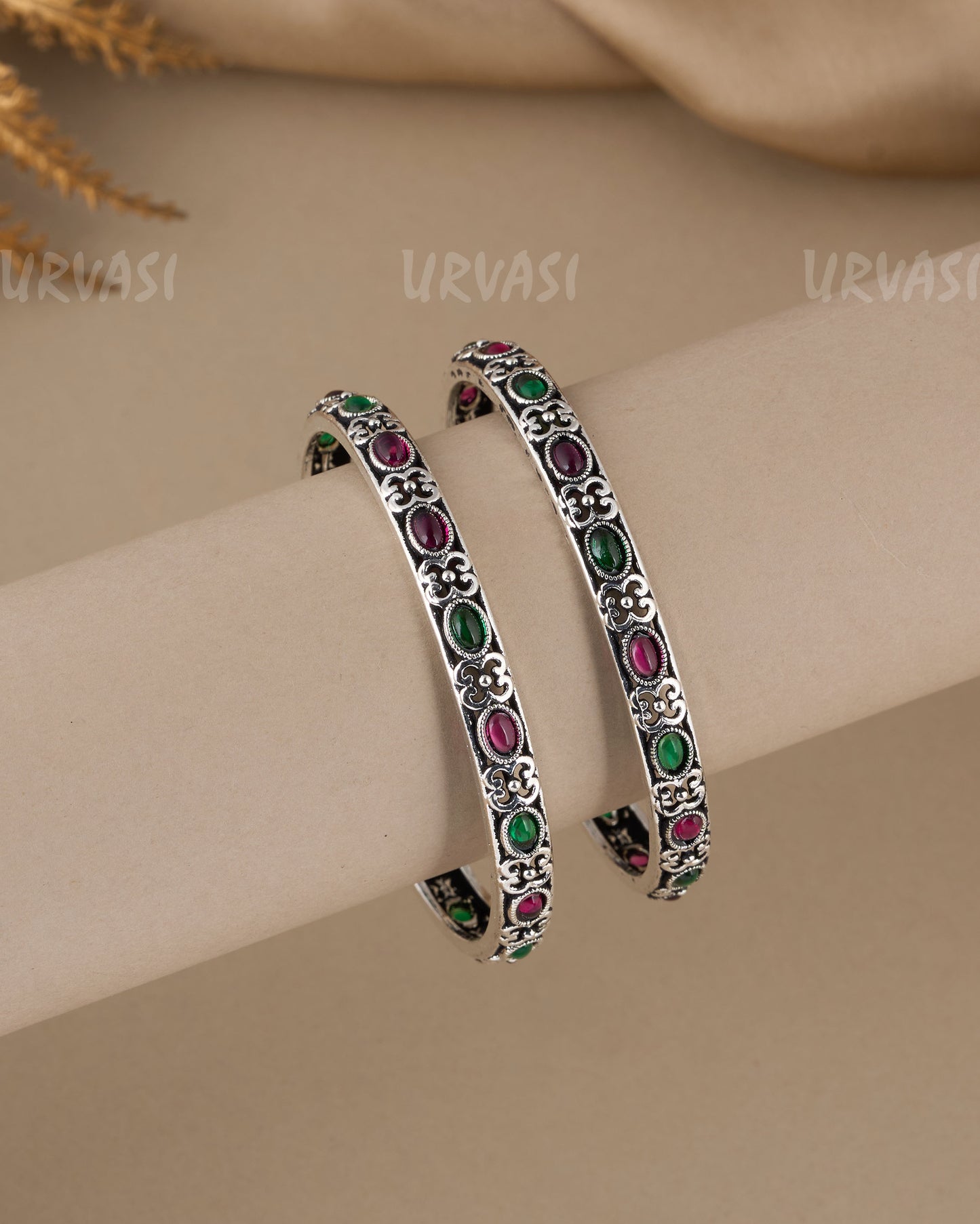 Oxidised Silver Stone-Studded Kada Bangles BA 394(set of 2)