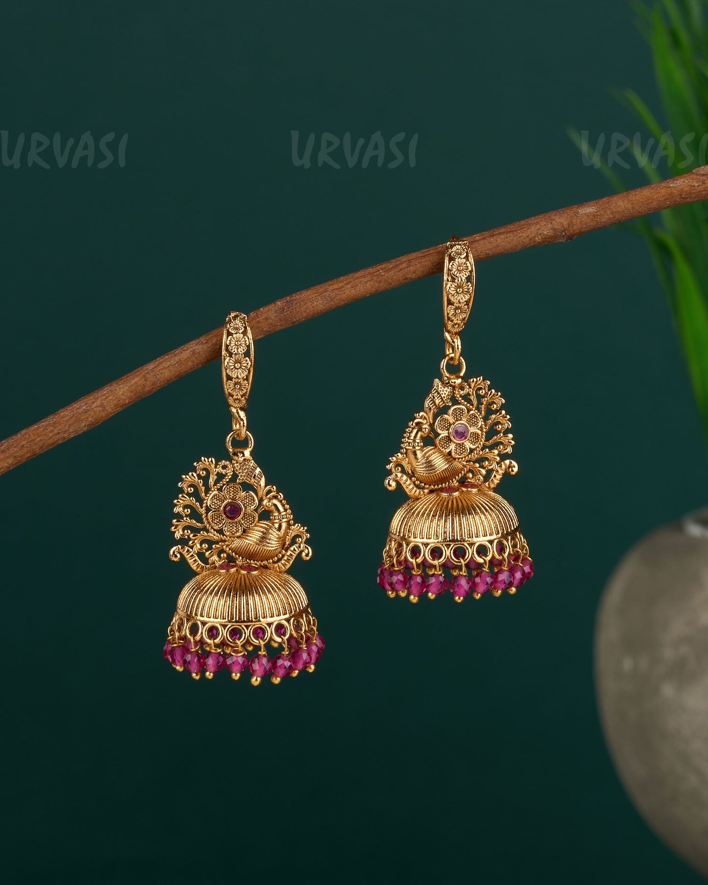 Gold-Toned Peacock Designed Floral hanging Jhumka Earrings ER 683