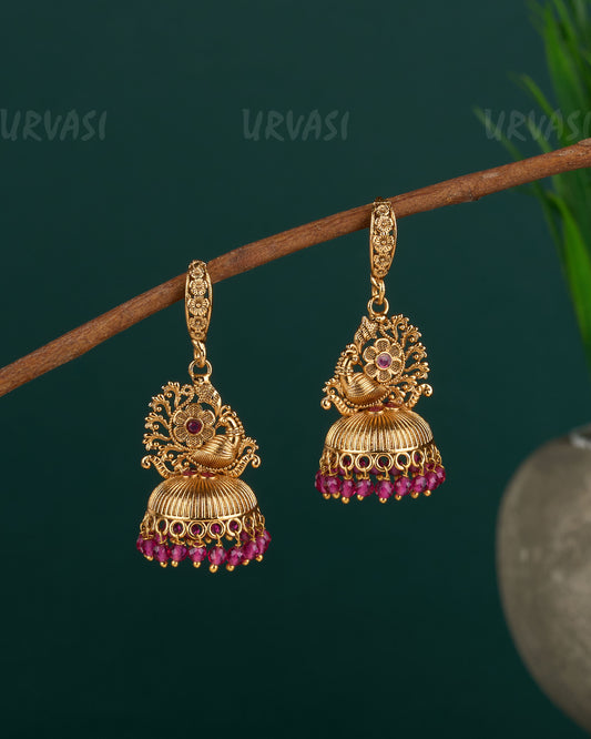 Gold-Toned Peacock Designed Floral hanging Jhumka Earrings ER 683