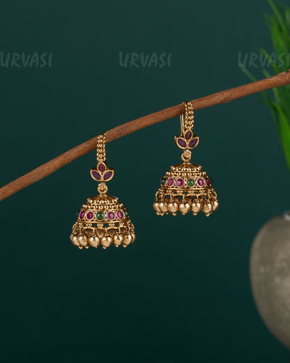 Gold-Toned Leaf-Designed Hanging Beaded Jhumka Earrings  ER 681