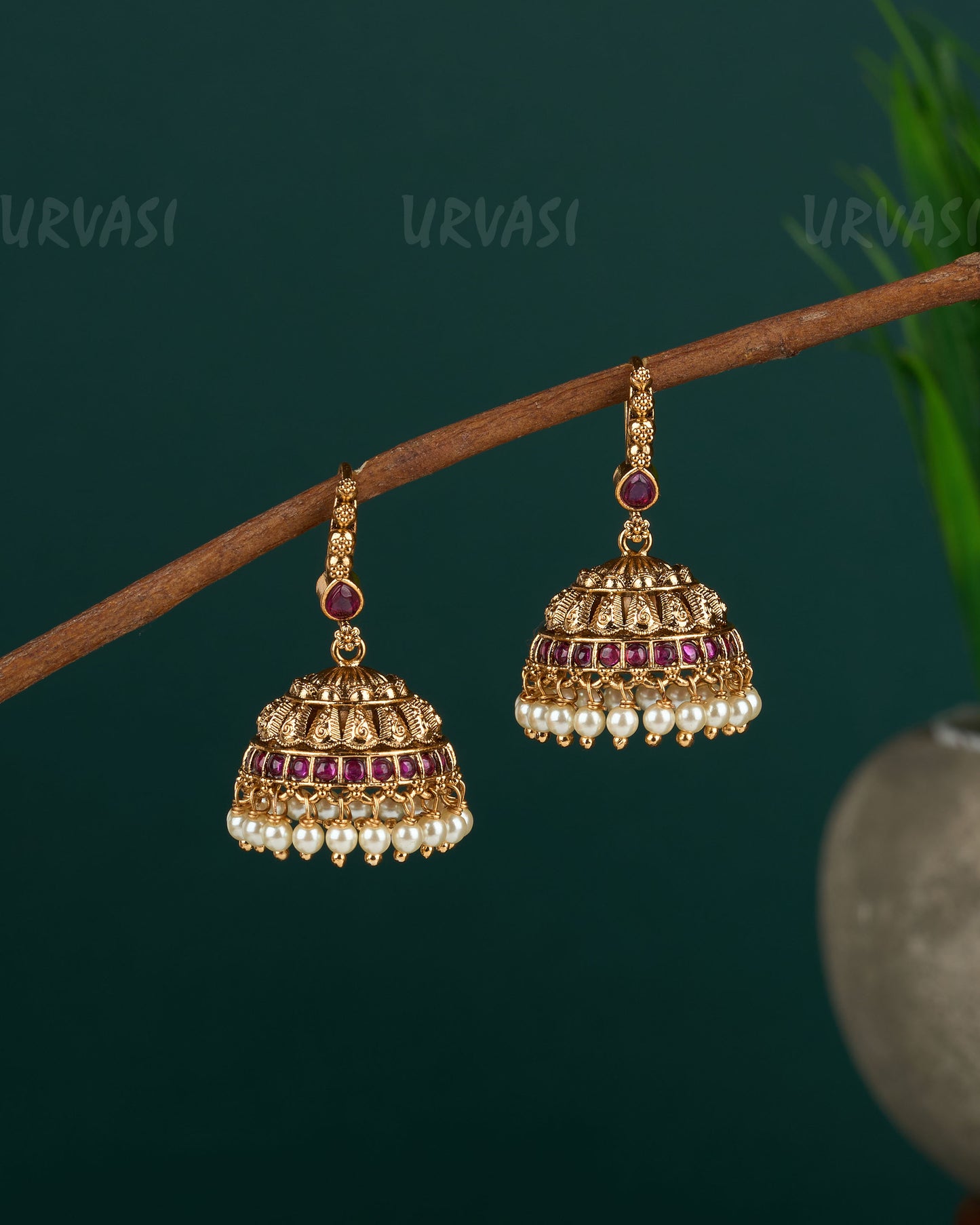 Gold-Toned Floral Beaded Hanging Jhumka Earrings ER 680