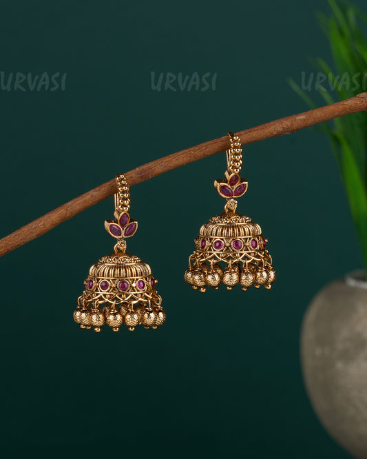 Gold-Toned Leaf-Designed Floral Hanging Jhumka Earrings ER 678