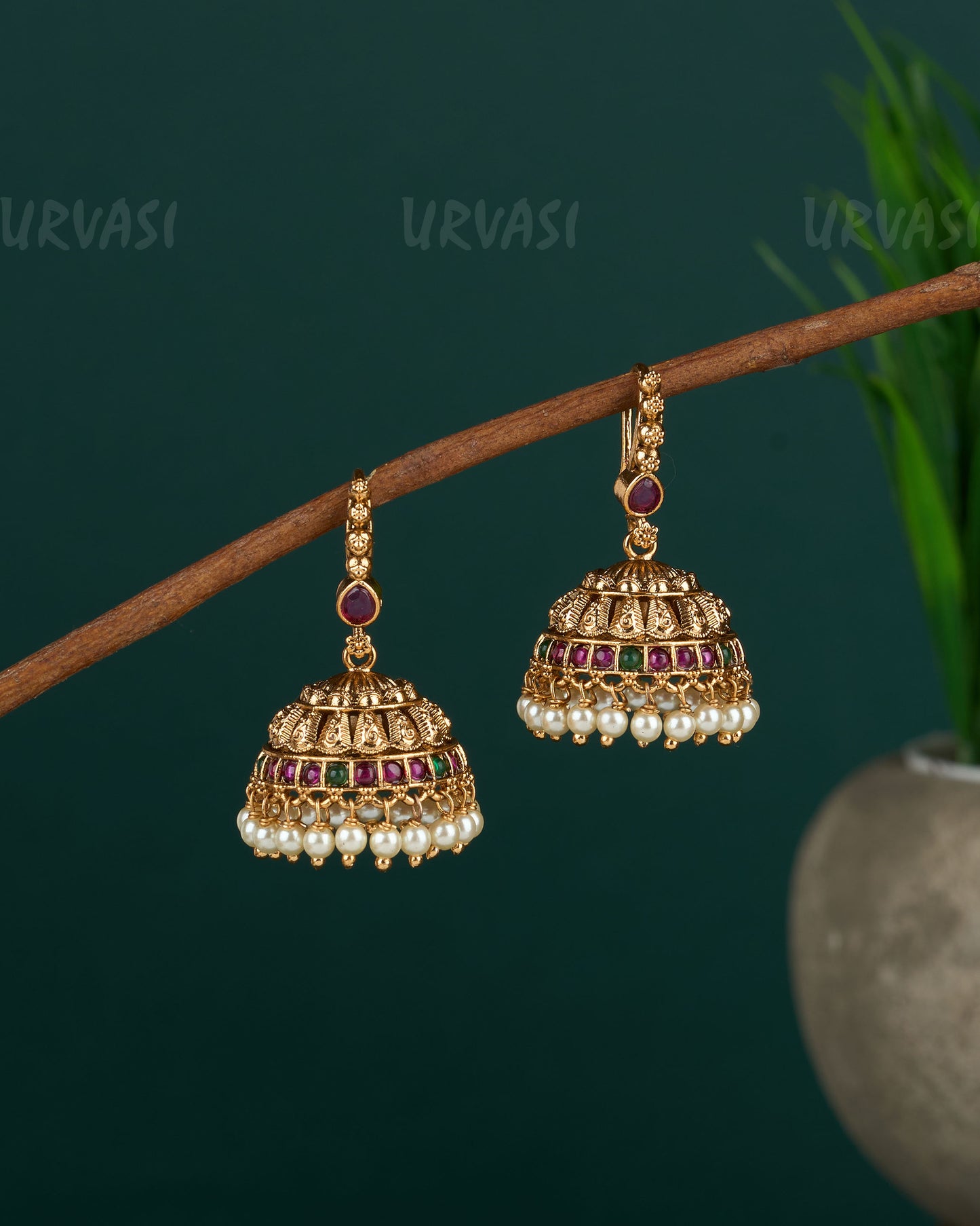 Gold-Toned Beaded Stone-Studded Jhumka Hanging Earrings ER 439