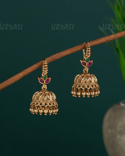 Gold-Toned Leaf-Designed  Floral Jhumka Hanging  Earrings ER 412