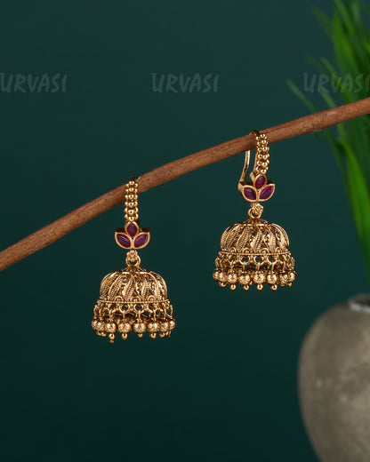 Gold-Toned Leaf-Designed  Floral Jhumka Hanging  Earrings ER 412