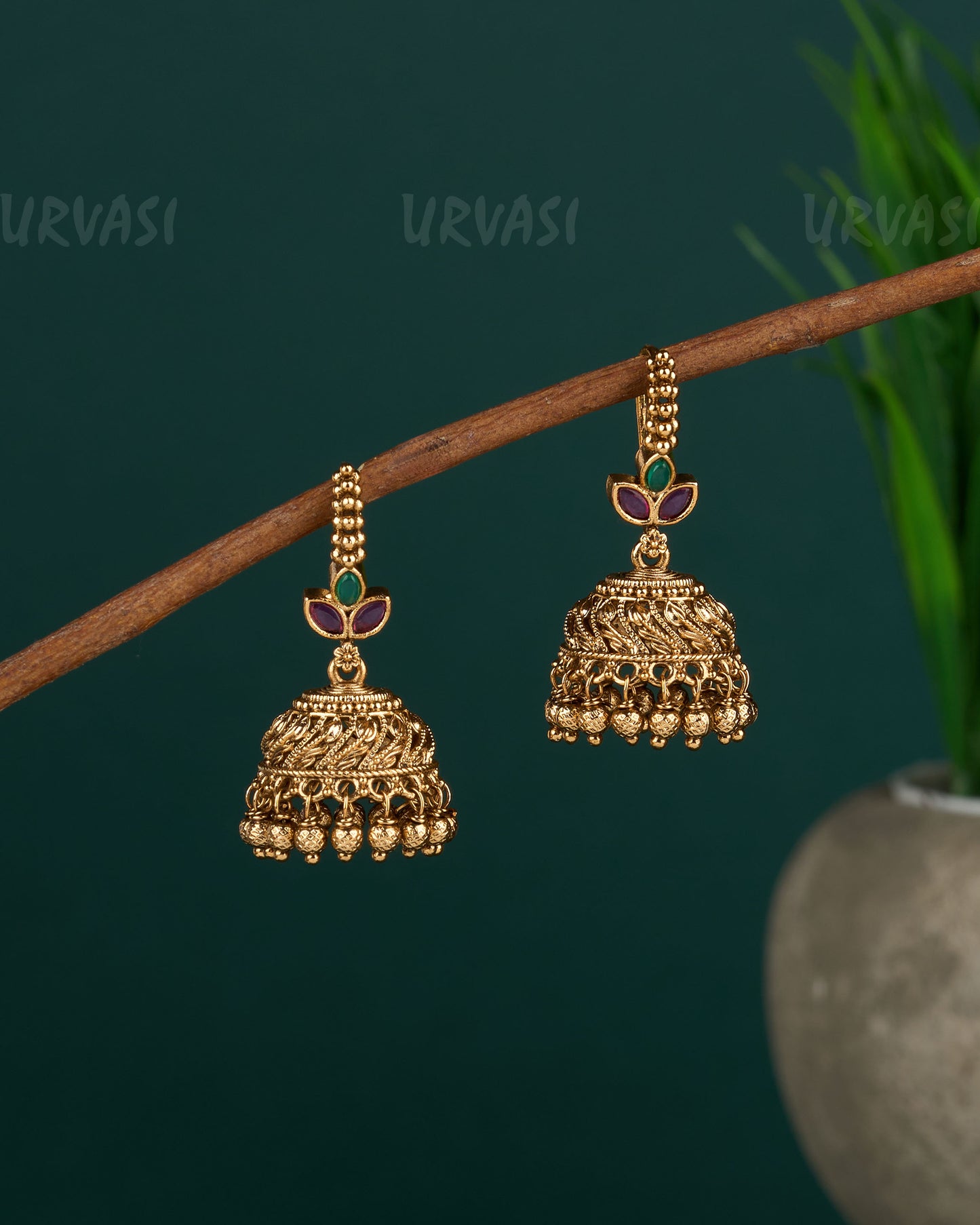 Gold-Toned Leaf-Designed Hanging Jhumka Earrings ER 07