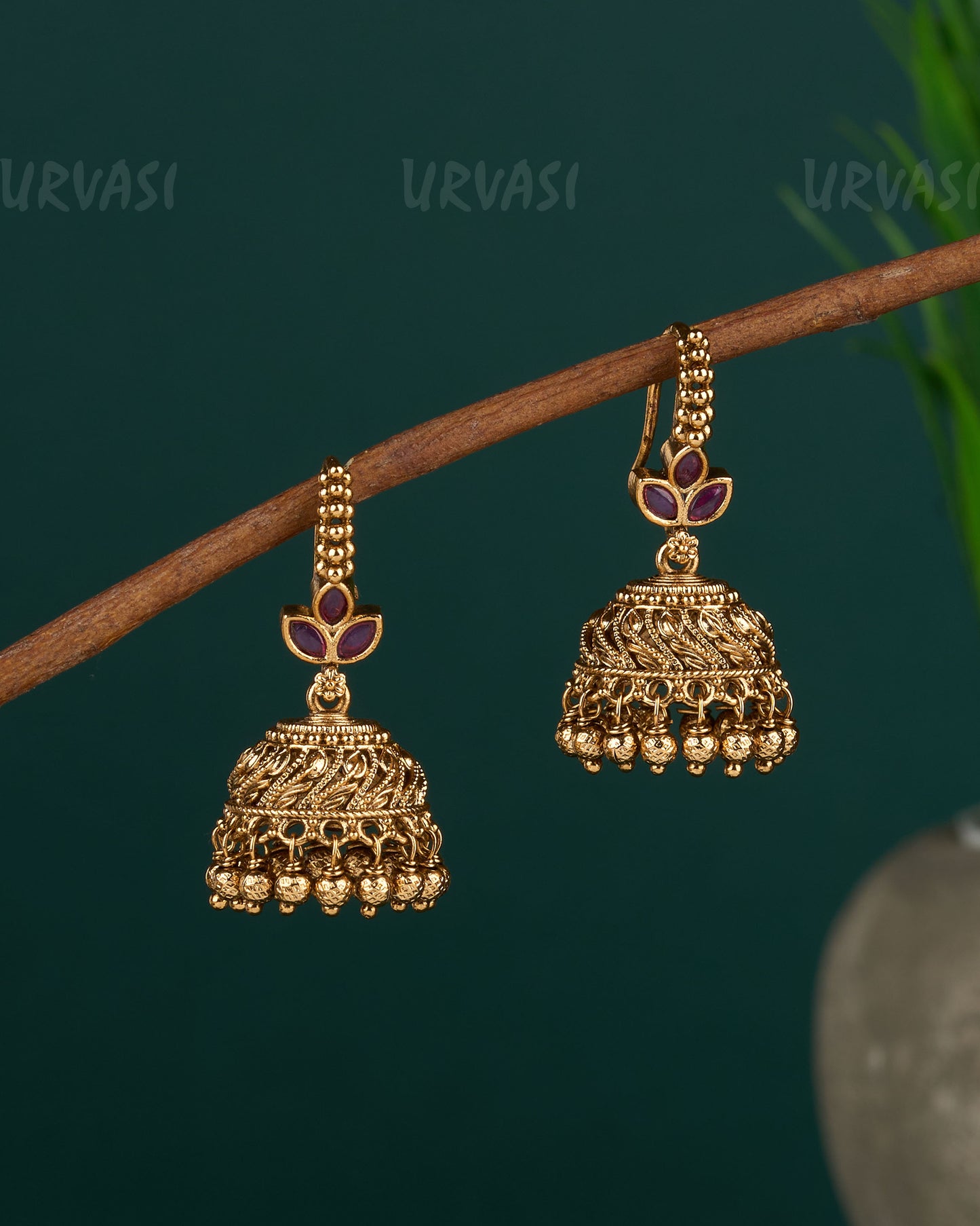 Gold-Toned Leaf-Designed Hanging Jhumka Earrings ER 07