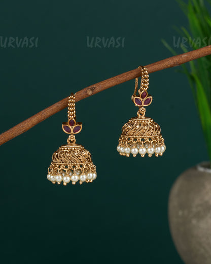 Gold-Toned Leaf-Designed Hanging Jhumka Earrings ER 07