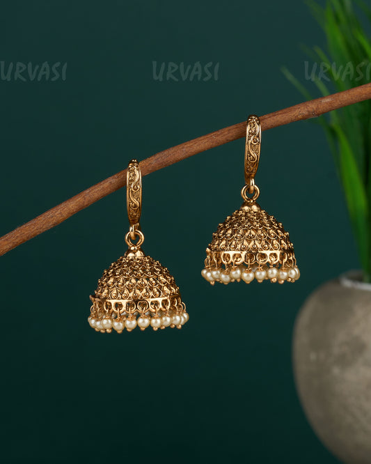 Gold-Toned Floral Jhumka Hanging Earrings ER 445