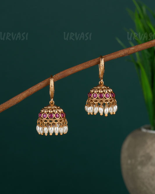 Gold-Toned Peacock Motif Hanging Jhumka Earrings ER 143