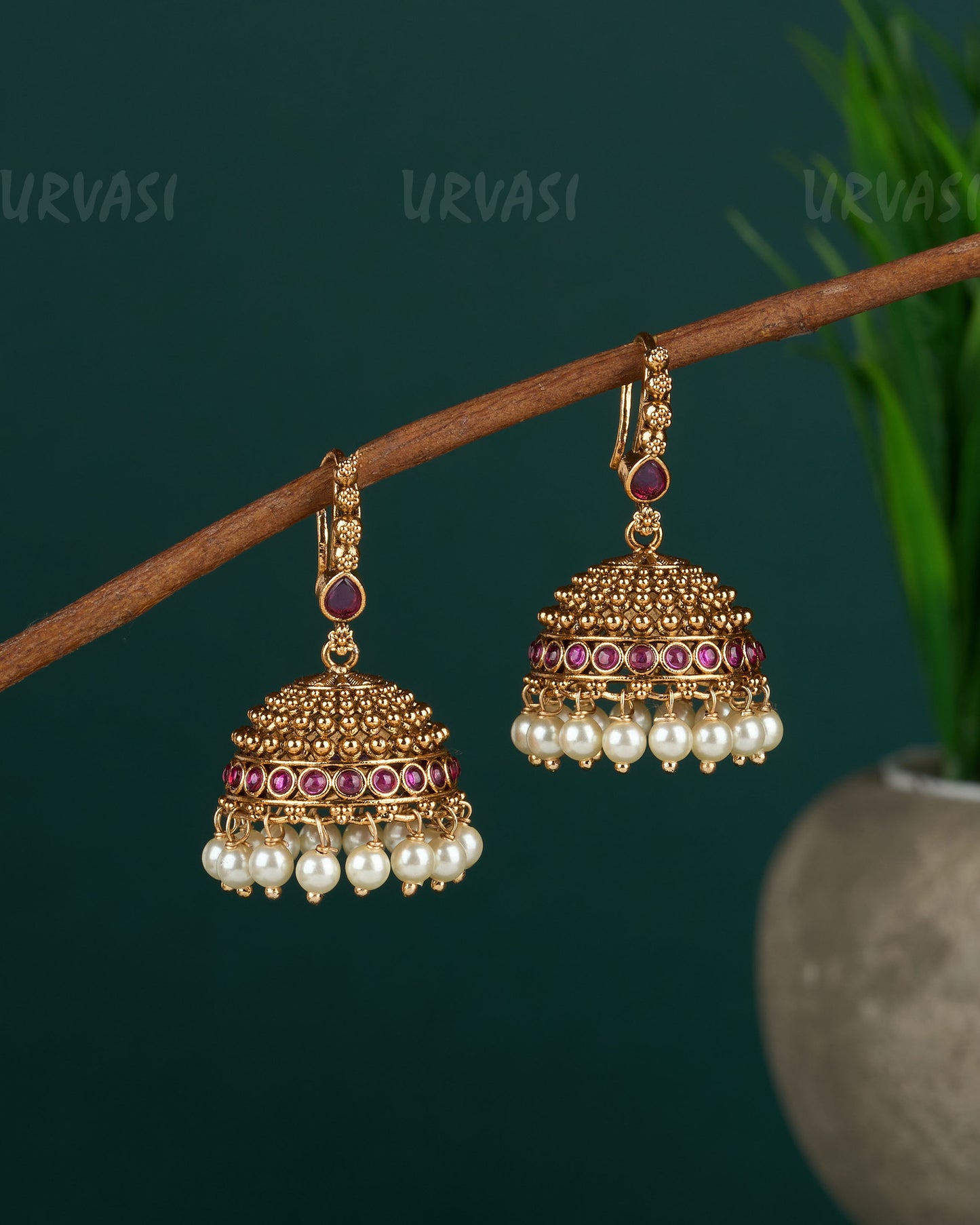 Gold-Toned Beaded Hanging Jhumka Earrings ER 03