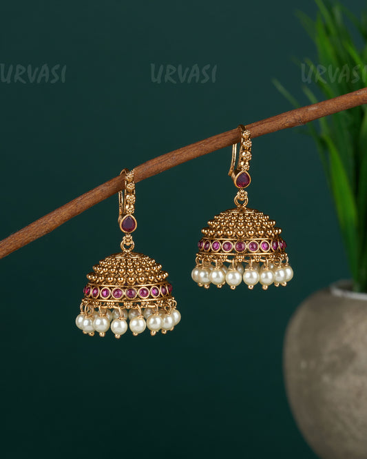 Gold-Toned Beaded Hanging Jhumka Earrings ER 03