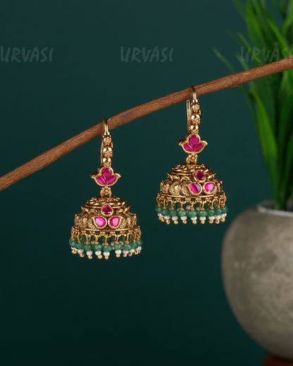 Gold-Toned Peacock Motif Beaded Hanging Jhumka ER 04
