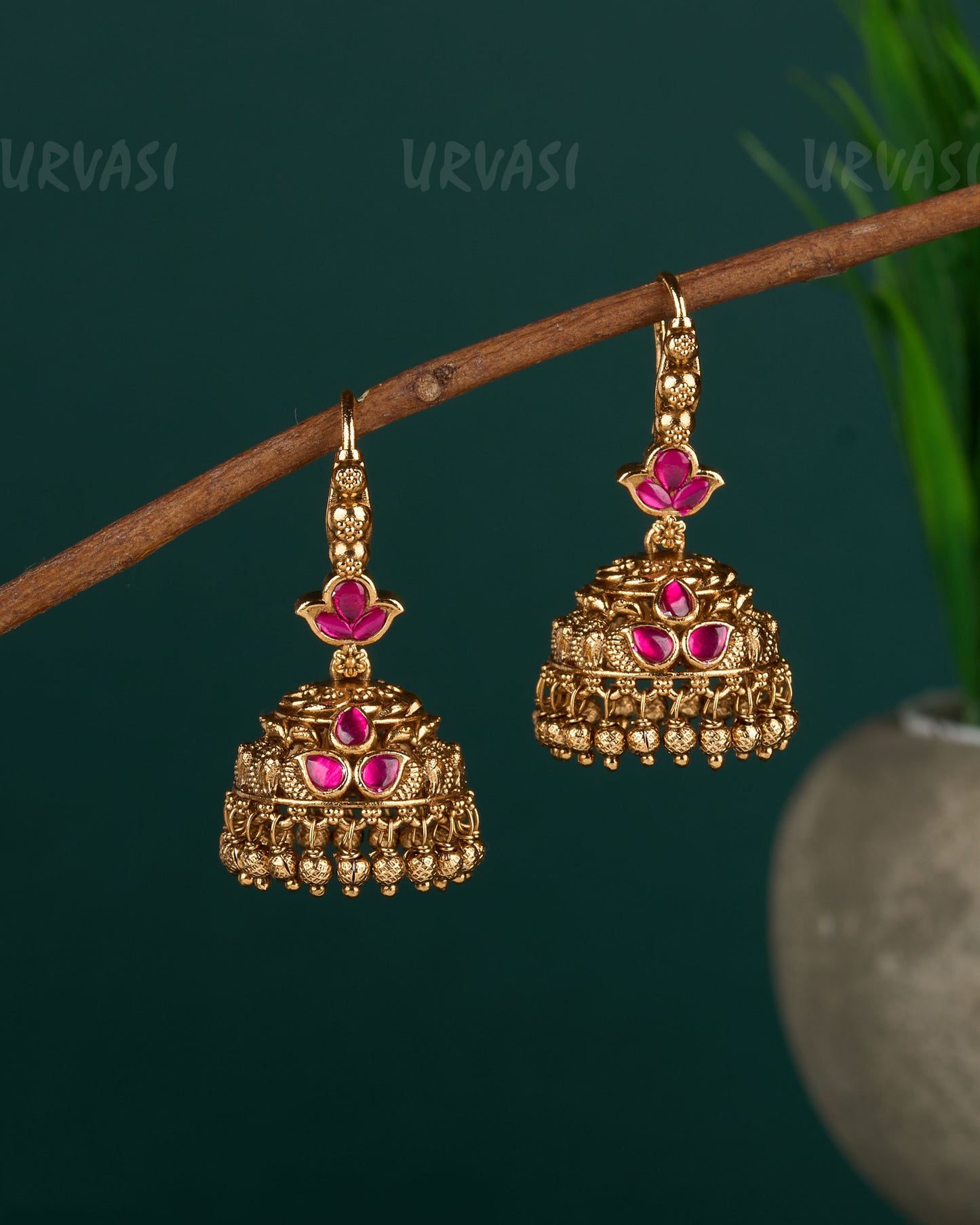 Gold-Toned Peacock Motif Beaded Hanging Jhumka ER 04