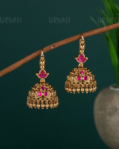 Gold-Toned Peacock Motif Beaded Hanging Jhumka ER 04