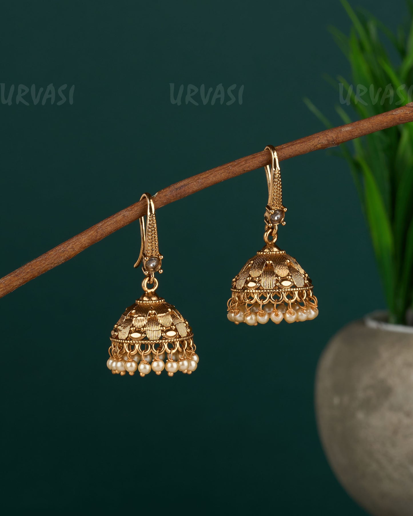 Gold-Toned Beaded Hanging Jhumka Earrings ER 451