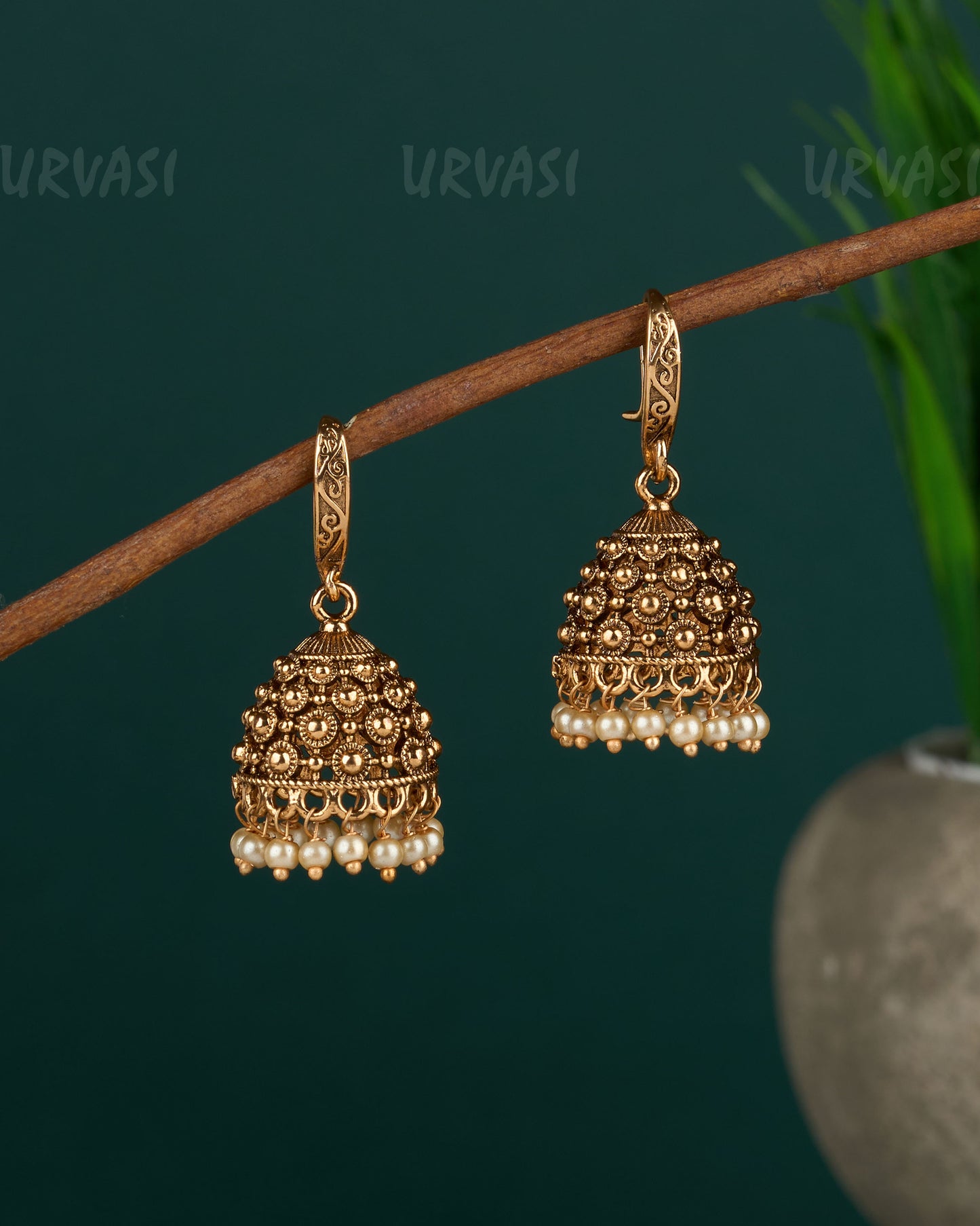 Gold-Toned Bead Designed Hanging Jhumka Earrings ER 441