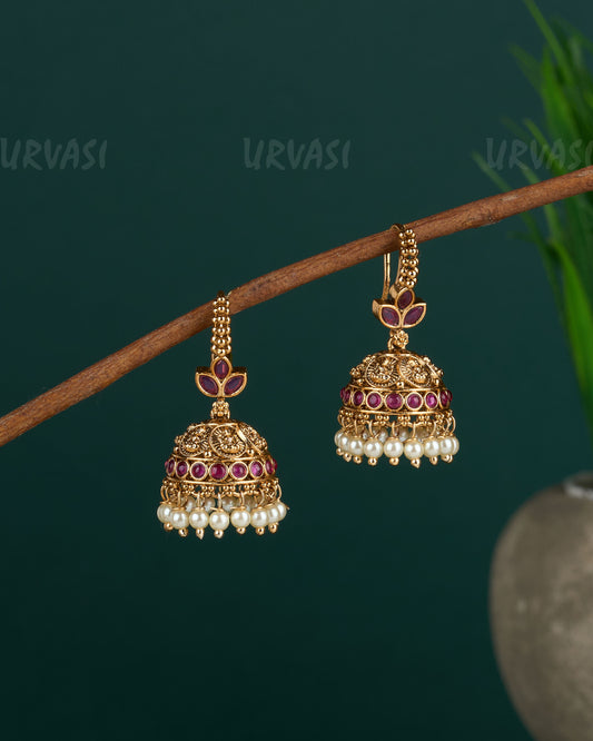 Gold-Toned Leaf-Designed Lakshmi Coin Hanging Earrings  ER 05
