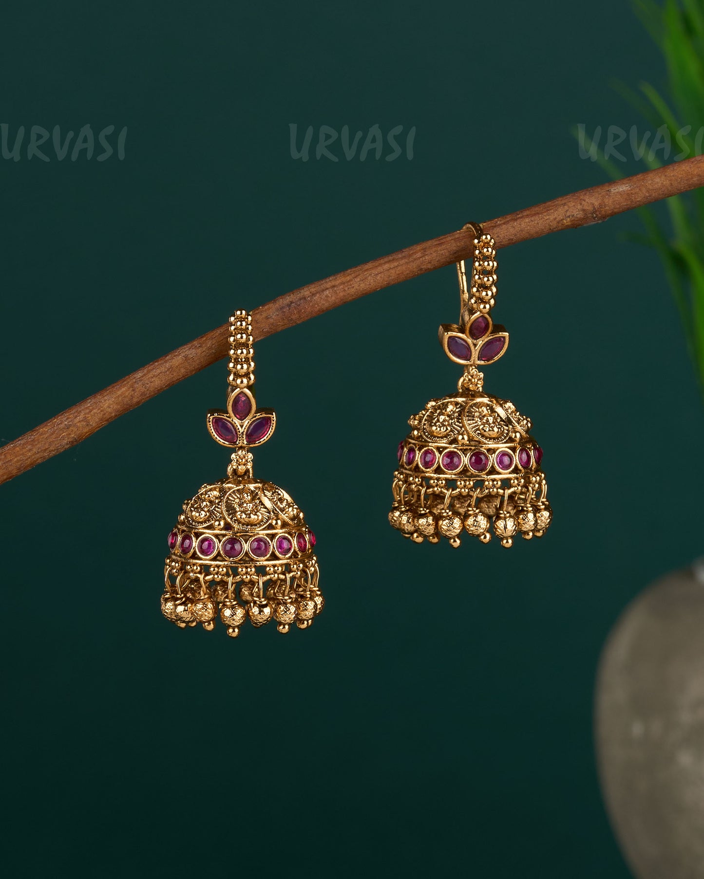 Gold-Toned Leaf-Designed Lakshmi Coin Hanging Earrings  ER 05