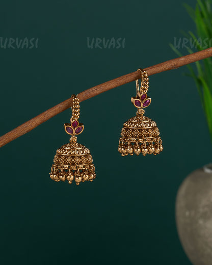 Gold-Toned Leaf-designed hanging jhumka Earrings ER 118