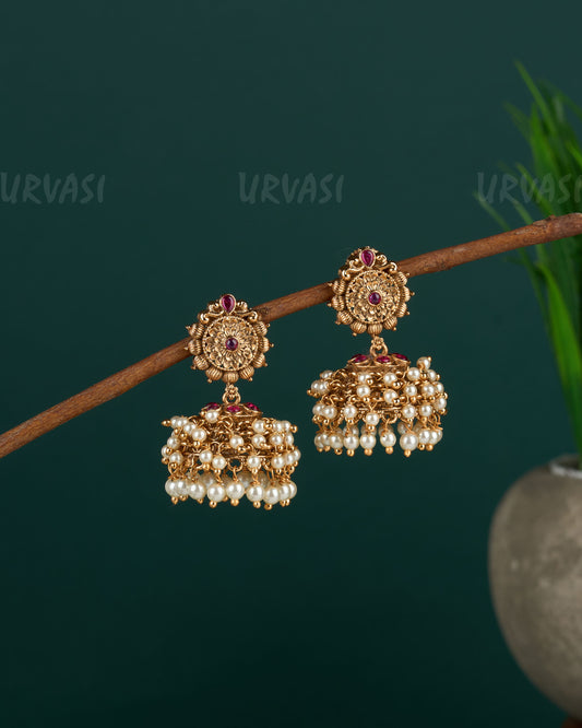Premium Antique Gold-Toned Floral Pearl Jhumka Earrings ER 88