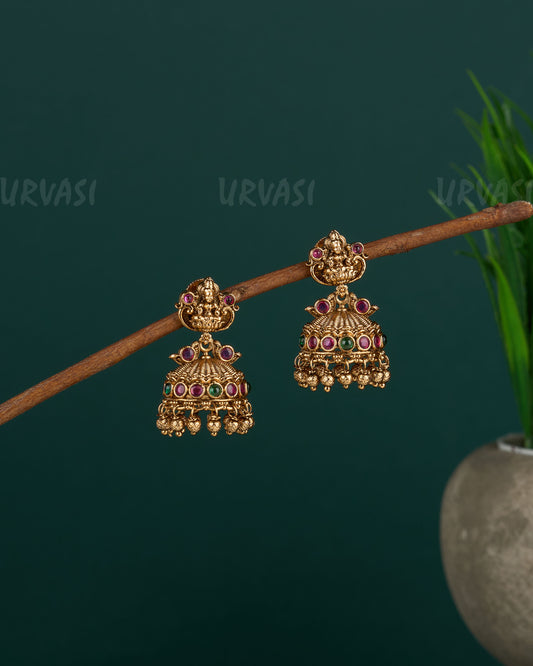 Gold-Toned Antique Finish Lakshmi Jhumka Earrings  ER 90