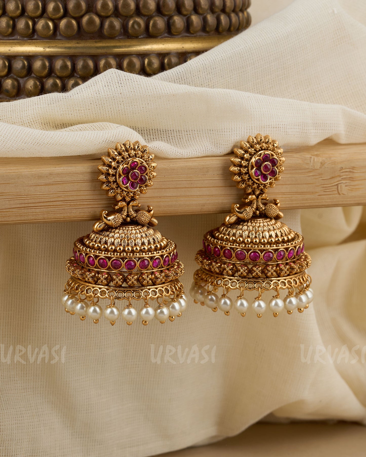 Gold-Polish Non-Idol Peacock Motif Pearl Earrings ER 171
