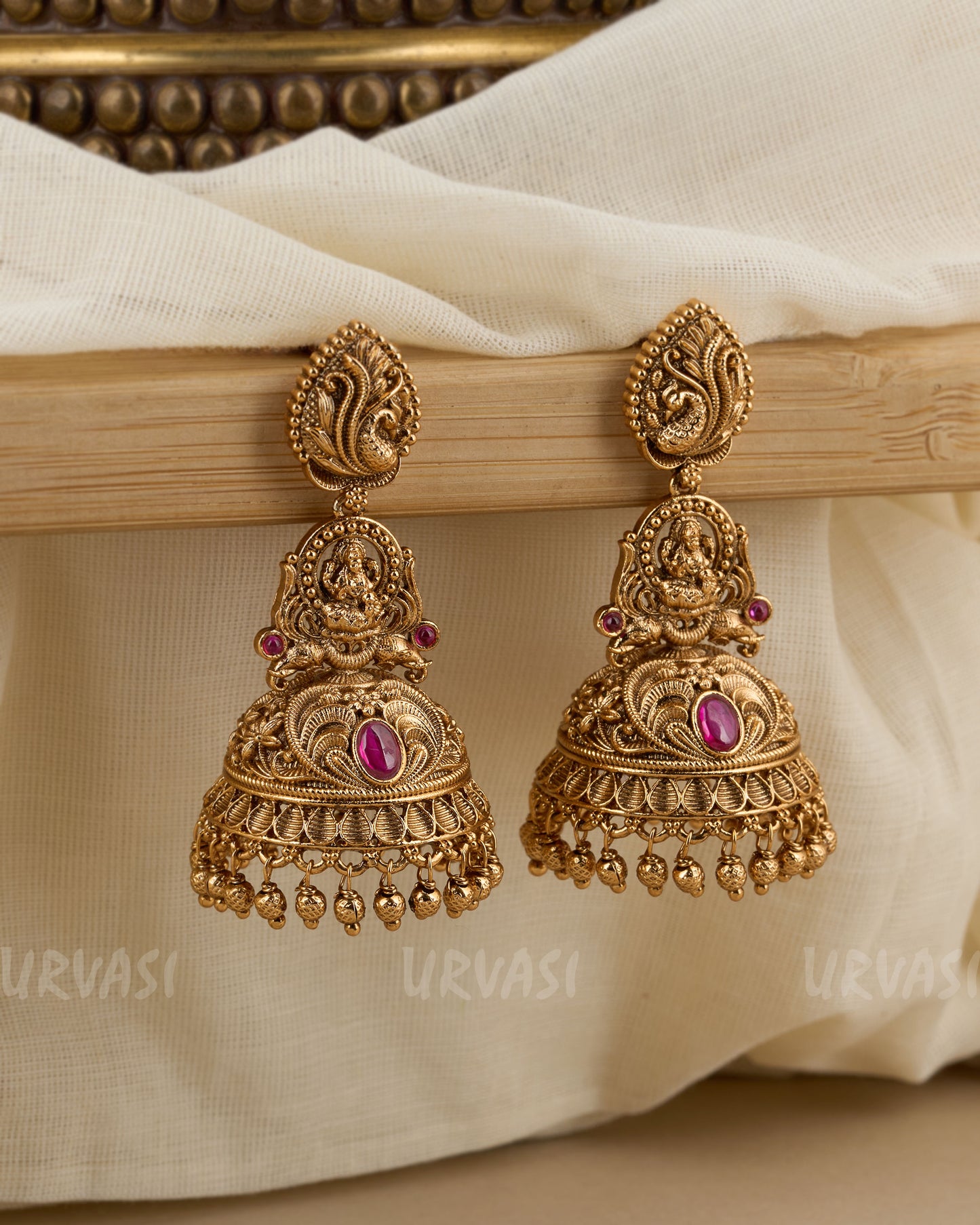 Gold-Toned Leaf-Motif Lakshmi Earrings ER 352