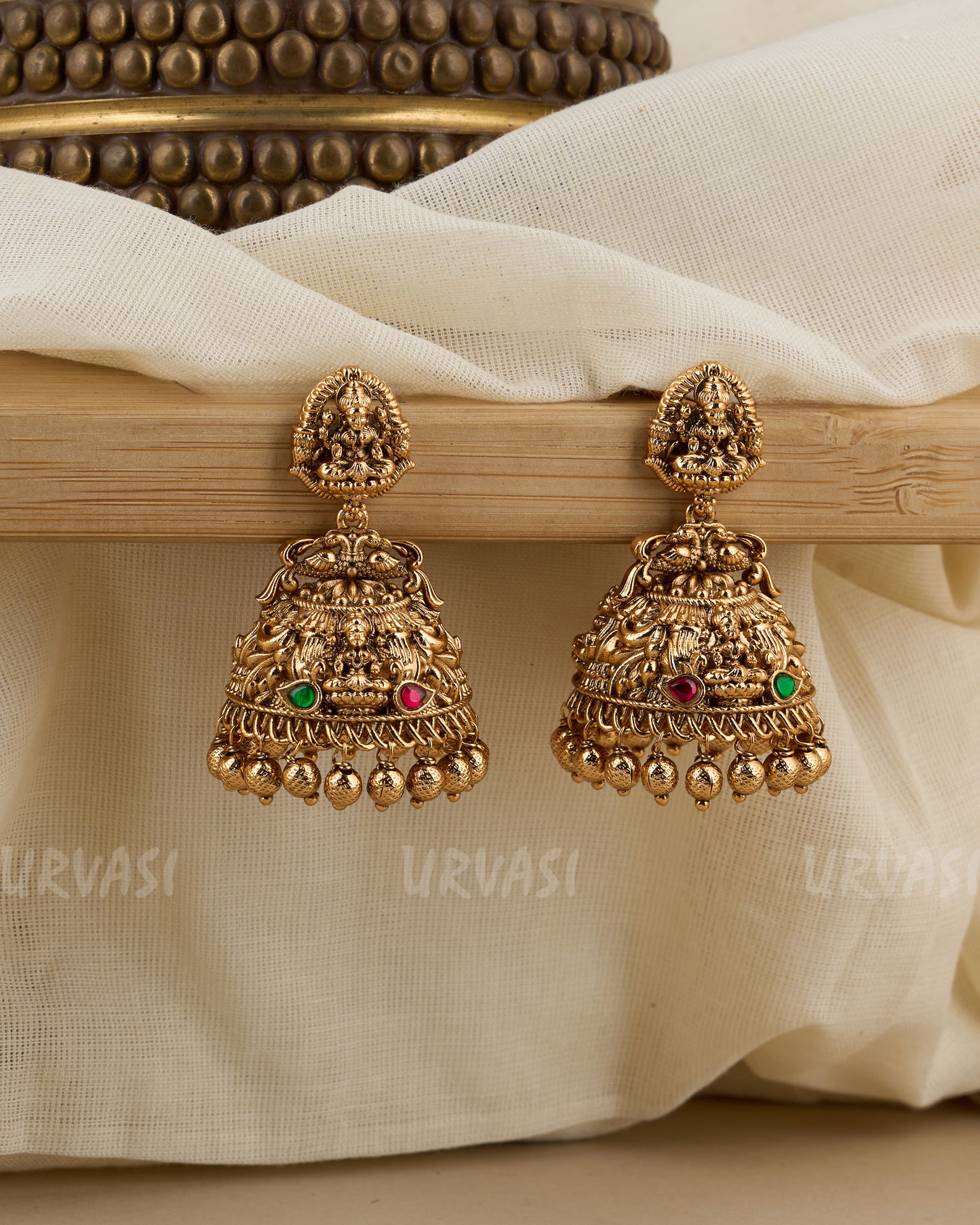 Antique Gold-Toned Peacock Motif Lakshmi Earrings ER 345