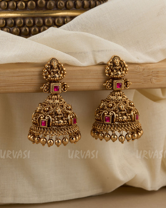 Antique Gold-Toned Lakshmi Floral  Jhumka Earrings ER 405