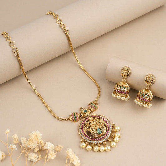 Gold-Polish Lakshmi AD Pearl Hanging Necklace 294