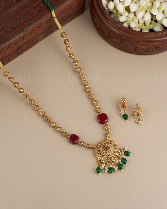 Gold-Toned Peacock Motif Beaded Necklace 049