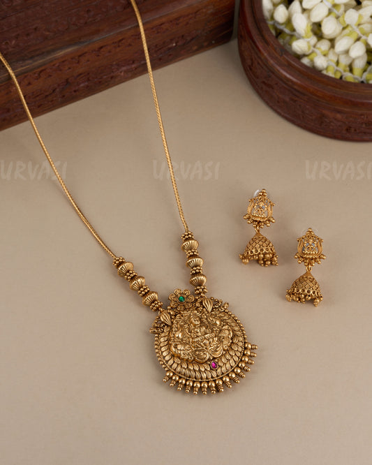 Gold-Toned Divine Lakshmi Pendant Floral Necklace 096