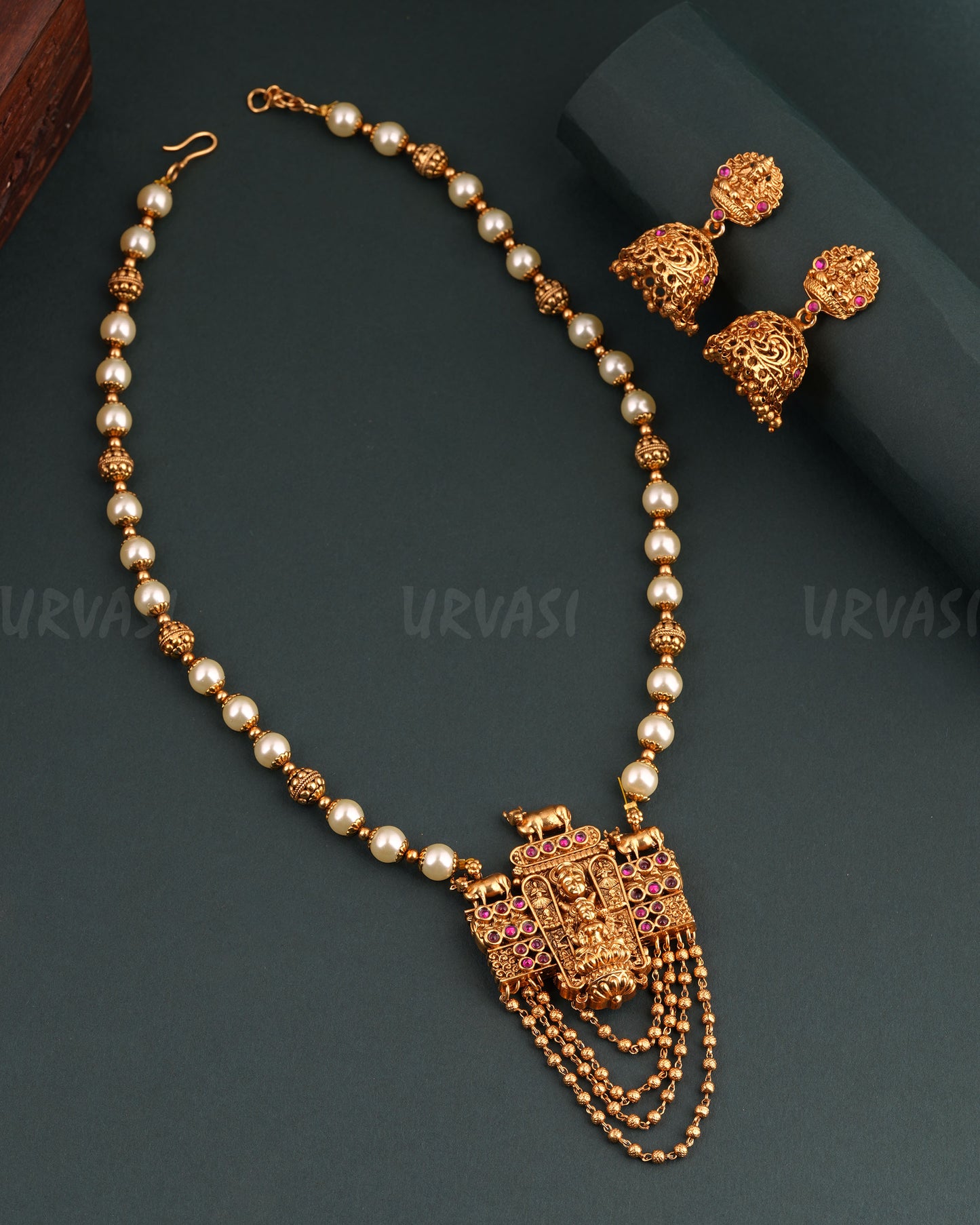 Gold-Toned Floral Lakshmi Pearl Long Necklace 1674