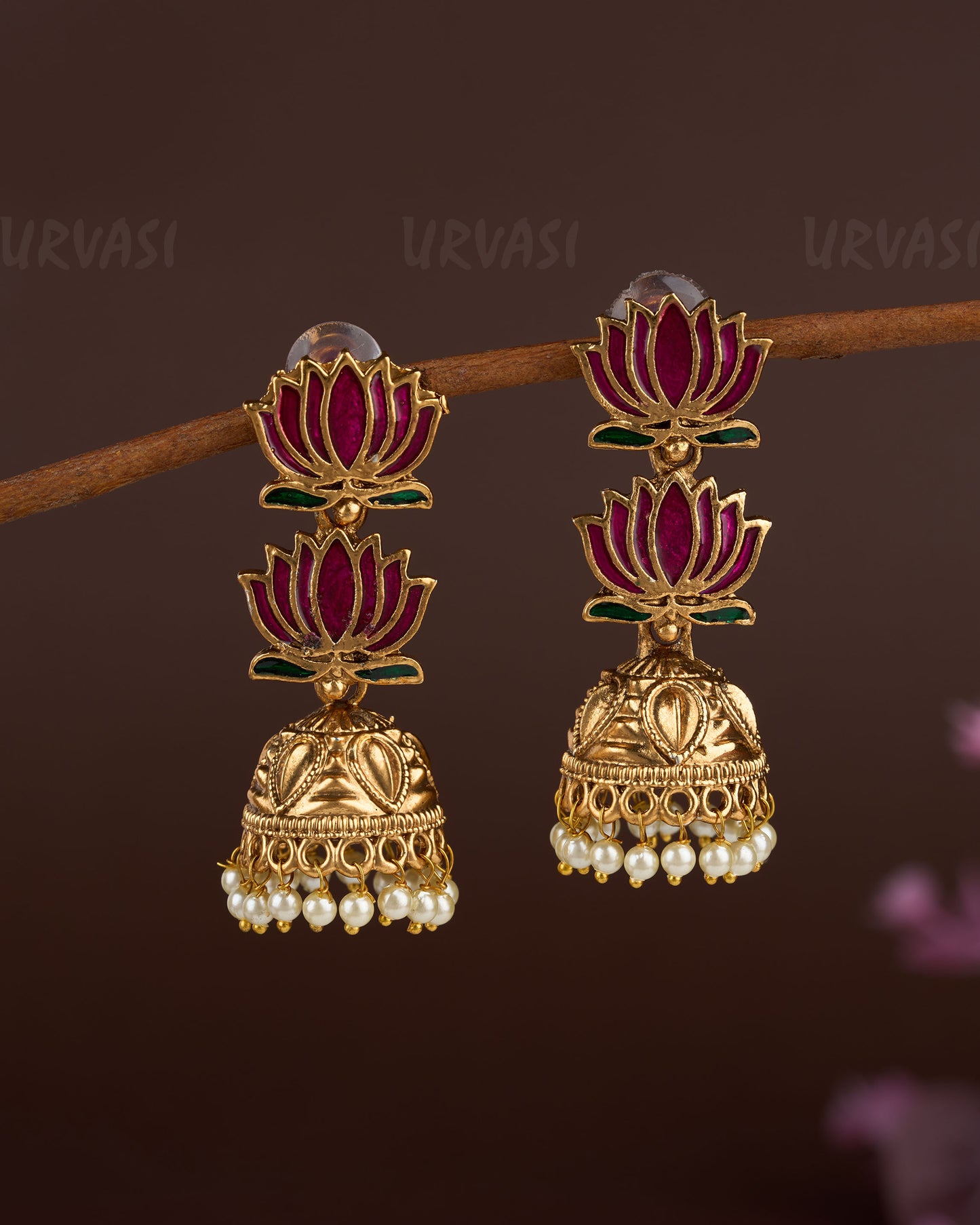 Gold Toned Lotus Hand-made Two Layer Jhumka Earrings ER 749