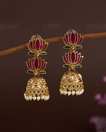 Gold Toned Lotus Hand-made Two Layer Jhumka Earrings ER 749