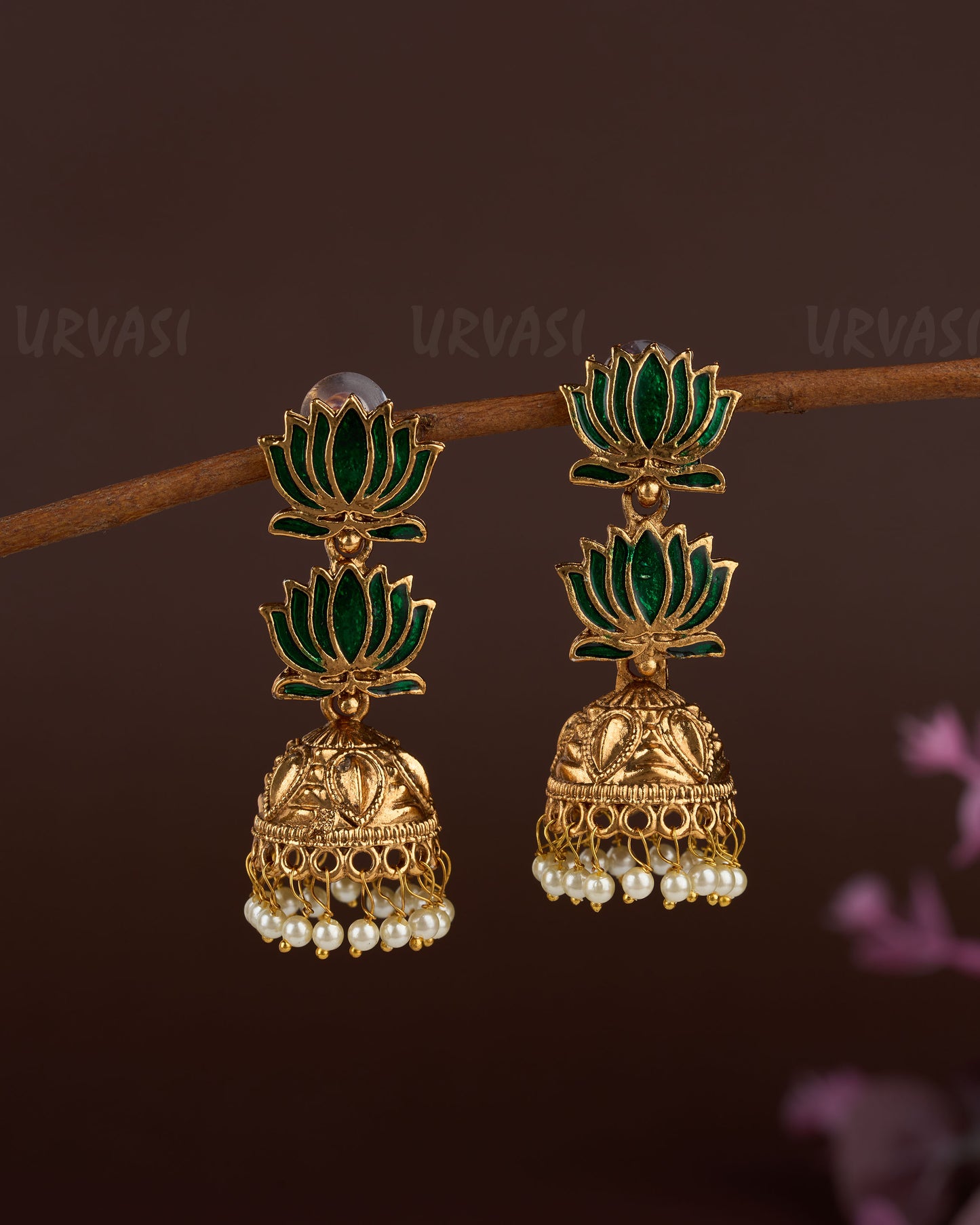 Gold Toned Lotus Hand-made Two Layer Jhumka Earrings ER 749